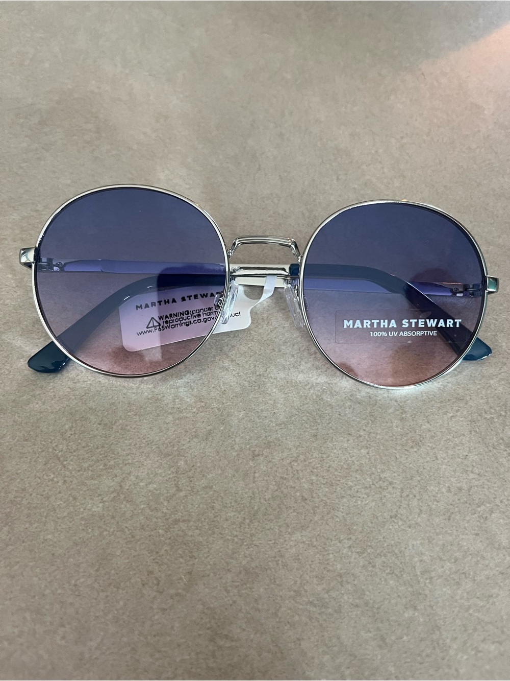 Martha Stewart Silver Frame Round Sunglasses with Purple-to-Pink Gradient Lenses